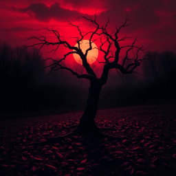 A dark and atmospheric scene featuring a dramatic and eerie landscape