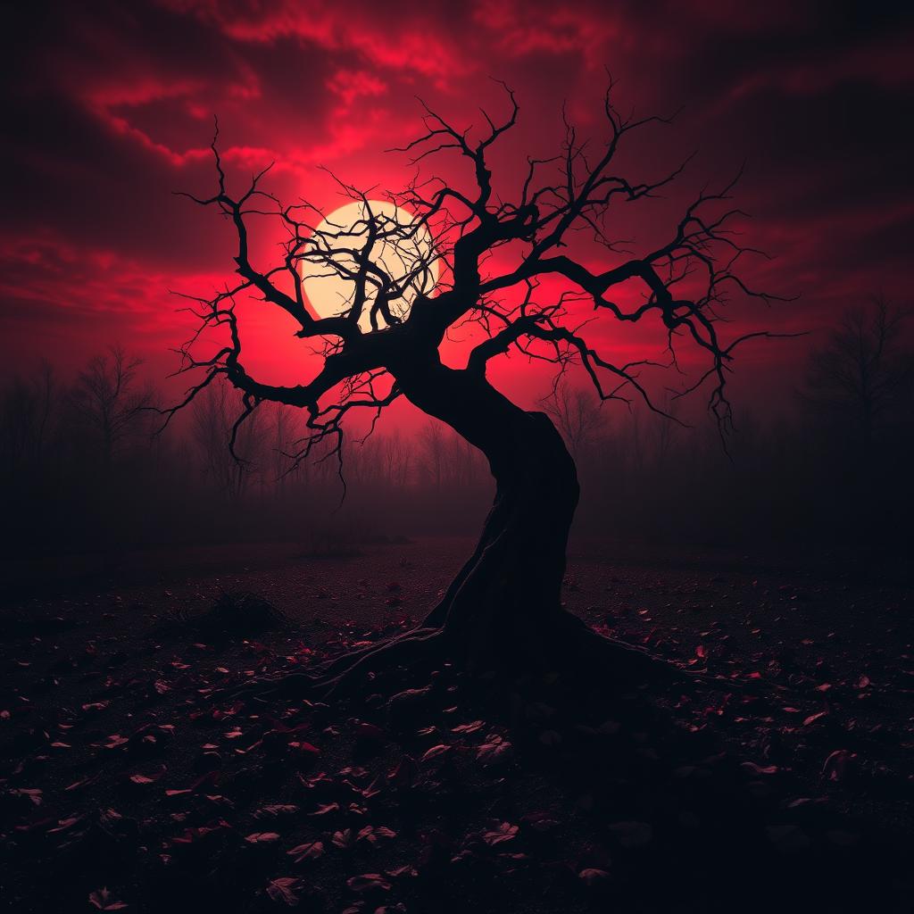 A dark and atmospheric scene featuring a dramatic and eerie landscape