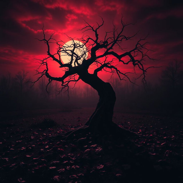 A dark and atmospheric scene featuring a dramatic and eerie landscape