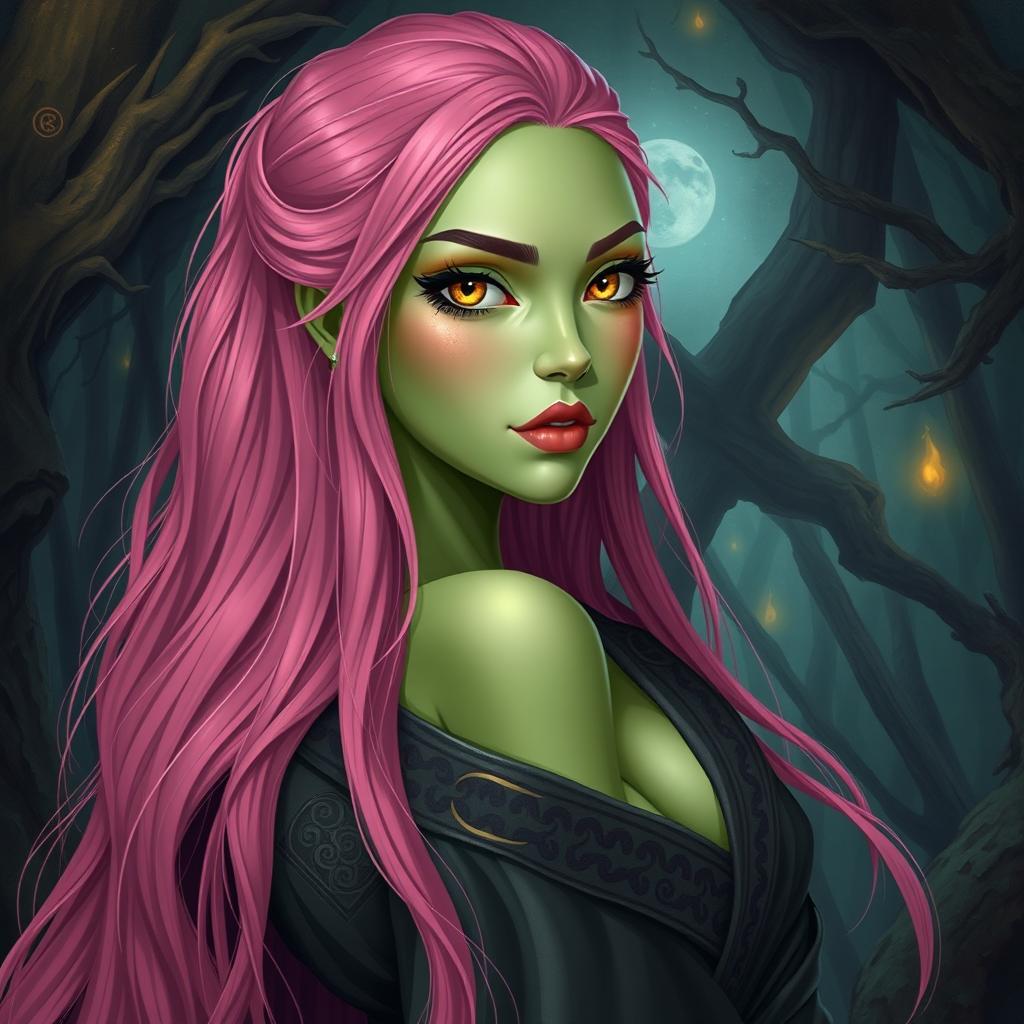 A Yuanti woman characterized by her long, bright pink hair that cascades down her back