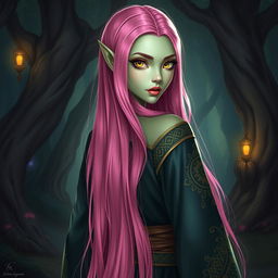 A Yuanti woman characterized by her long, bright pink hair that cascades down her back