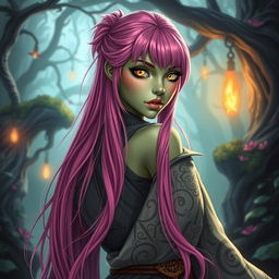 A Yuanti woman characterized by her long, bright pink hair that cascades down her back
