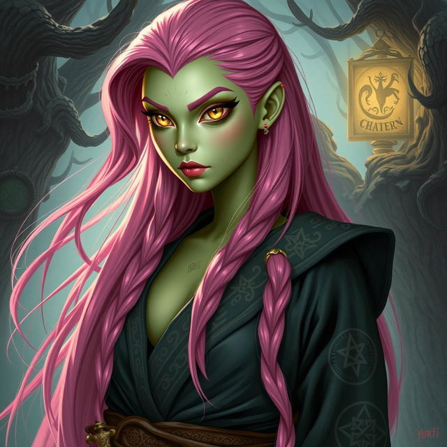 A Yuanti woman characterized by her long, bright pink hair that cascades down her back
