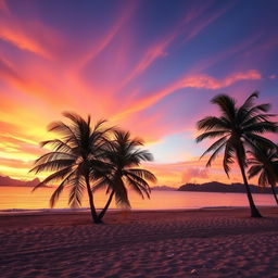 A stunning landscape of a vibrant sunset over a serene beach, with vivid orange, pink, and purple hues reflecting off the calm water