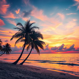 A stunning landscape of a vibrant sunset over a serene beach, with vivid orange, pink, and purple hues reflecting off the calm water