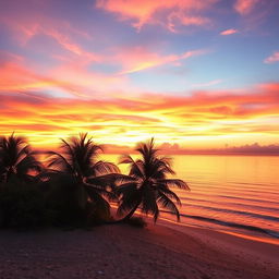 A stunning landscape of a vibrant sunset over a serene beach, with vivid orange, pink, and purple hues reflecting off the calm water