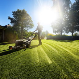 A focused man, mowing a thick, vibrant lawn under a clear sky, a halo of dust particles shining in the sunlight around the active lawn mower.