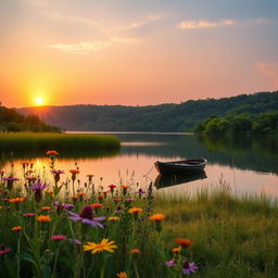 A serene landscape featuring a tranquil lake surrounded by lush greenery, with the sun setting on the horizon casting warm golden light across the water