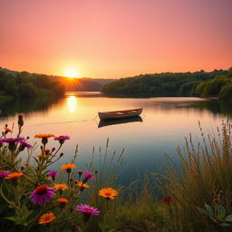 A serene landscape featuring a tranquil lake surrounded by lush greenery, with the sun setting on the horizon casting warm golden light across the water