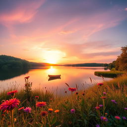 A serene landscape featuring a tranquil lake surrounded by lush greenery, with the sun setting on the horizon casting warm golden light across the water