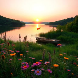A serene landscape featuring a tranquil lake surrounded by lush greenery, with the sun setting on the horizon casting warm golden light across the water