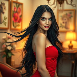 A beautiful, alluring woman with flowing long black hair and captivating green eyes