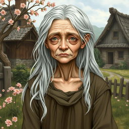 A sickly yet beautiful older commonfolk woman illustrated in the style of Dungeons and Dragons