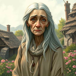 A sickly yet beautiful older commonfolk woman illustrated in the style of Dungeons and Dragons