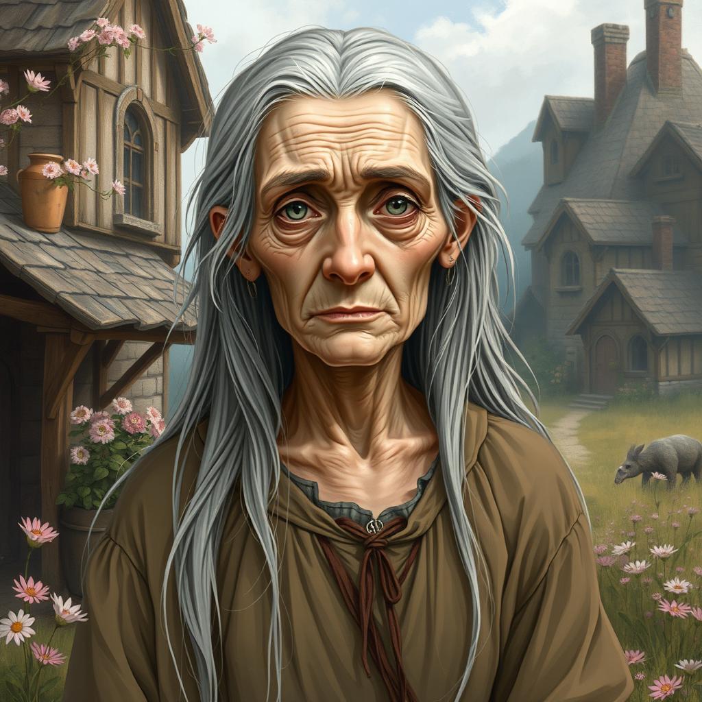 A sickly yet beautiful older commonfolk woman illustrated in the style of Dungeons and Dragons