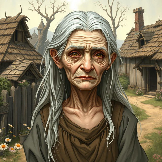 A sickly yet beautiful older commonfolk woman illustrated in the style of Dungeons and Dragons