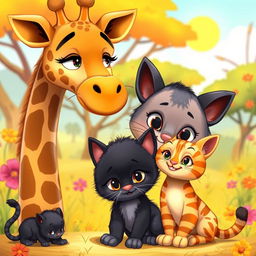 A delightful cartoon scene featuring a giraffe, a mother cat, a black kitten, and an orange-striped kitten