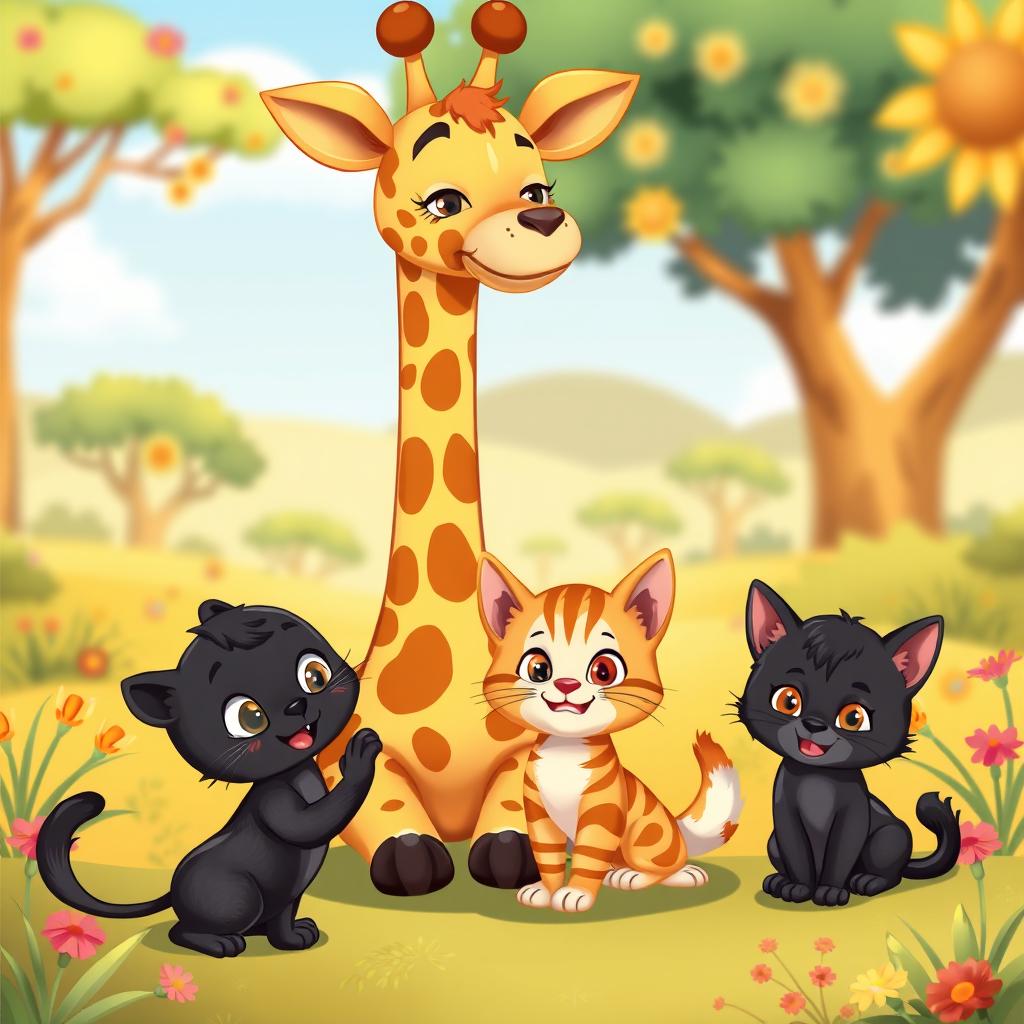 A delightful cartoon scene featuring a giraffe, a mother cat, a black kitten, and an orange-striped kitten