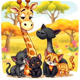A delightful cartoon scene featuring a giraffe, a mother cat, a black kitten, and an orange-striped kitten