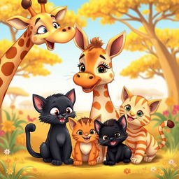 A delightful cartoon scene featuring a giraffe, a mother cat, a black kitten, and an orange-striped kitten