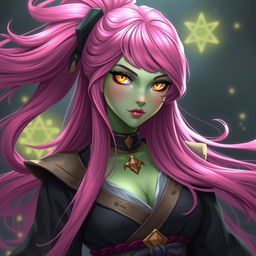 A Yuanti female character with long, bright pink hair flowing gracefully, possessing striking gold slitted eyes that stand out against her light green skin