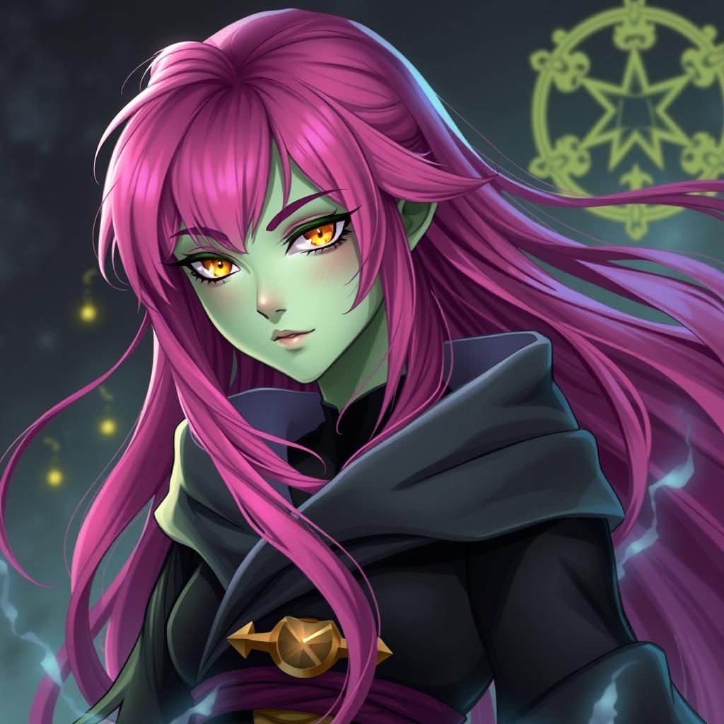 A Yuanti female character with long, bright pink hair flowing gracefully, possessing striking gold slitted eyes that stand out against her light green skin