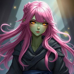 A Yuanti female character with long, bright pink hair flowing gracefully, possessing striking gold slitted eyes that stand out against her light green skin