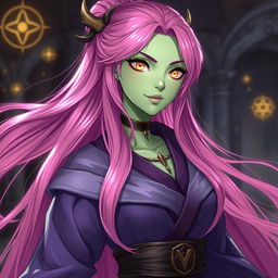 A Yuanti female character with long, bright pink hair flowing gracefully, possessing striking gold slitted eyes that stand out against her light green skin