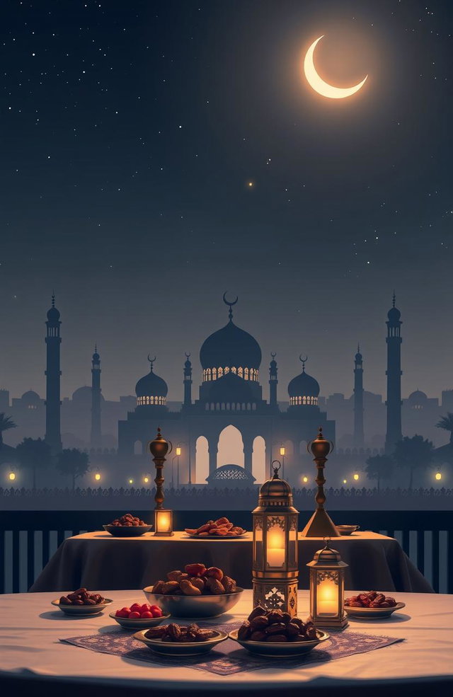 A serene night scene depicting the holy month of Ramadan