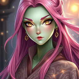 A female Yuanti with long, bright pink hair flowing elegantly, featuring striking gold slitted snake eyes that capture attention