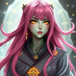 A female Yuanti with long, bright pink hair flowing elegantly, featuring striking gold slitted snake eyes that capture attention