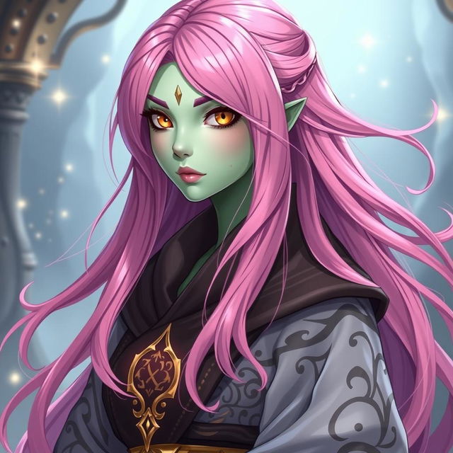 A female Yuanti with long, bright pink hair flowing elegantly, featuring striking gold slitted snake eyes that capture attention
