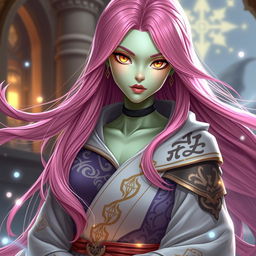 A female Yuanti with long, bright pink hair flowing elegantly, featuring striking gold slitted snake eyes that capture attention