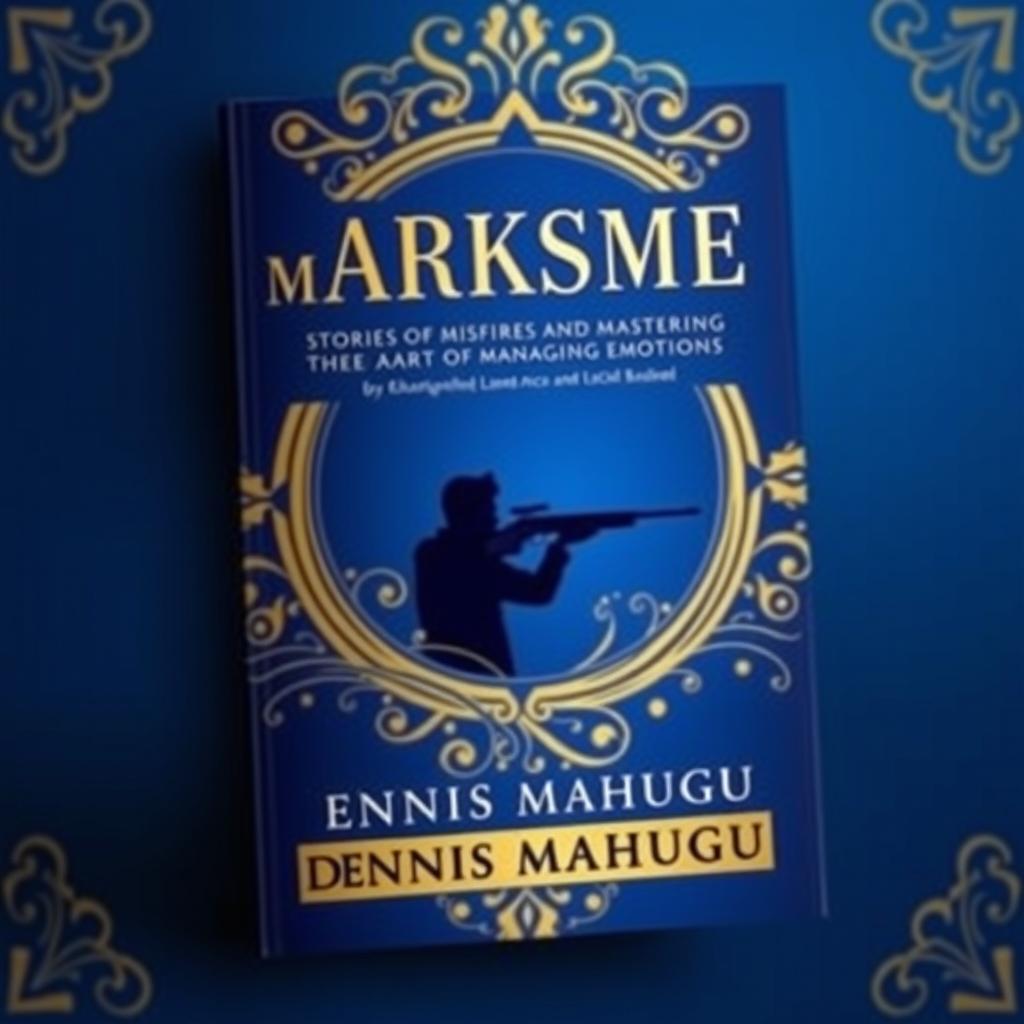 A visually striking book cover for 'MARKSMEN: Stories of Misfires and Mastering the Art of Managing Emotions' by DENNIS MAHUGU