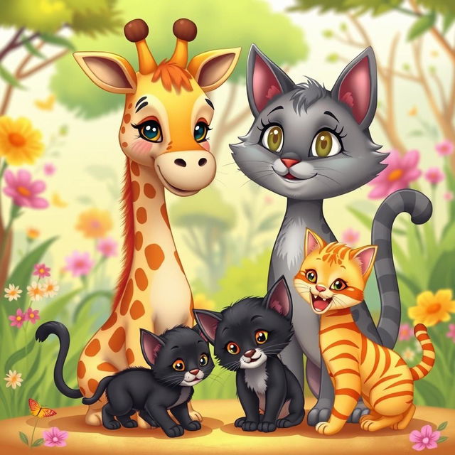 A charming cartoon scene featuring a giraffe, a gray mother cat, a black kitten, and an orange-striped kitten