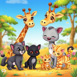 A charming cartoon scene featuring a giraffe, a gray mother cat, a black kitten, and an orange-striped kitten
