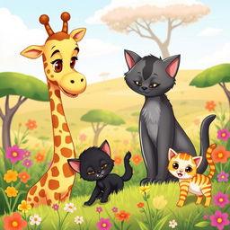 A charming cartoon scene featuring a giraffe, a gray mother cat, a black kitten, and an orange-striped kitten
