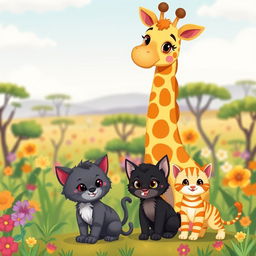 A charming cartoon scene featuring a giraffe, a gray mother cat, a black kitten, and an orange-striped kitten