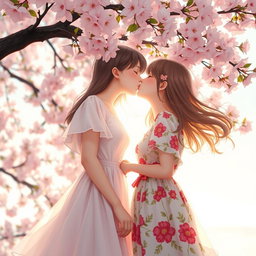 A romantic scene of two girls sharing a tender kiss under a flowering cherry blossom tree in full bloom