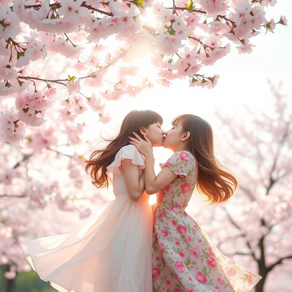 A romantic scene of two girls sharing a tender kiss under a flowering cherry blossom tree in full bloom