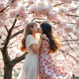 A romantic scene of two girls sharing a tender kiss under a flowering cherry blossom tree in full bloom