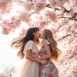 A romantic scene of two girls sharing a tender kiss under a flowering cherry blossom tree in full bloom