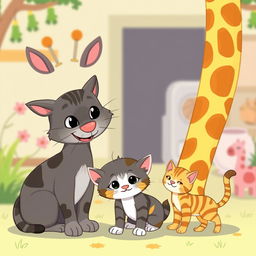A vibrant cartoon illustration featuring a tall, cheerful giraffe interacting with a sweet gray mother cat