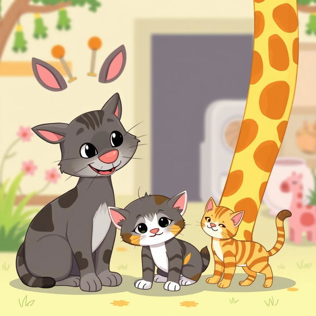 A vibrant cartoon illustration featuring a tall, cheerful giraffe interacting with a sweet gray mother cat