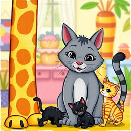 A colorful cartoon drawing depicting a tall, friendly giraffe alongside a nurturing gray mother cat
