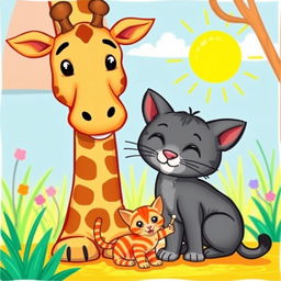 A colorful cartoon drawing depicting a tall, friendly giraffe alongside a nurturing gray mother cat