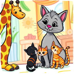 A colorful cartoon drawing depicting a tall, friendly giraffe alongside a nurturing gray mother cat