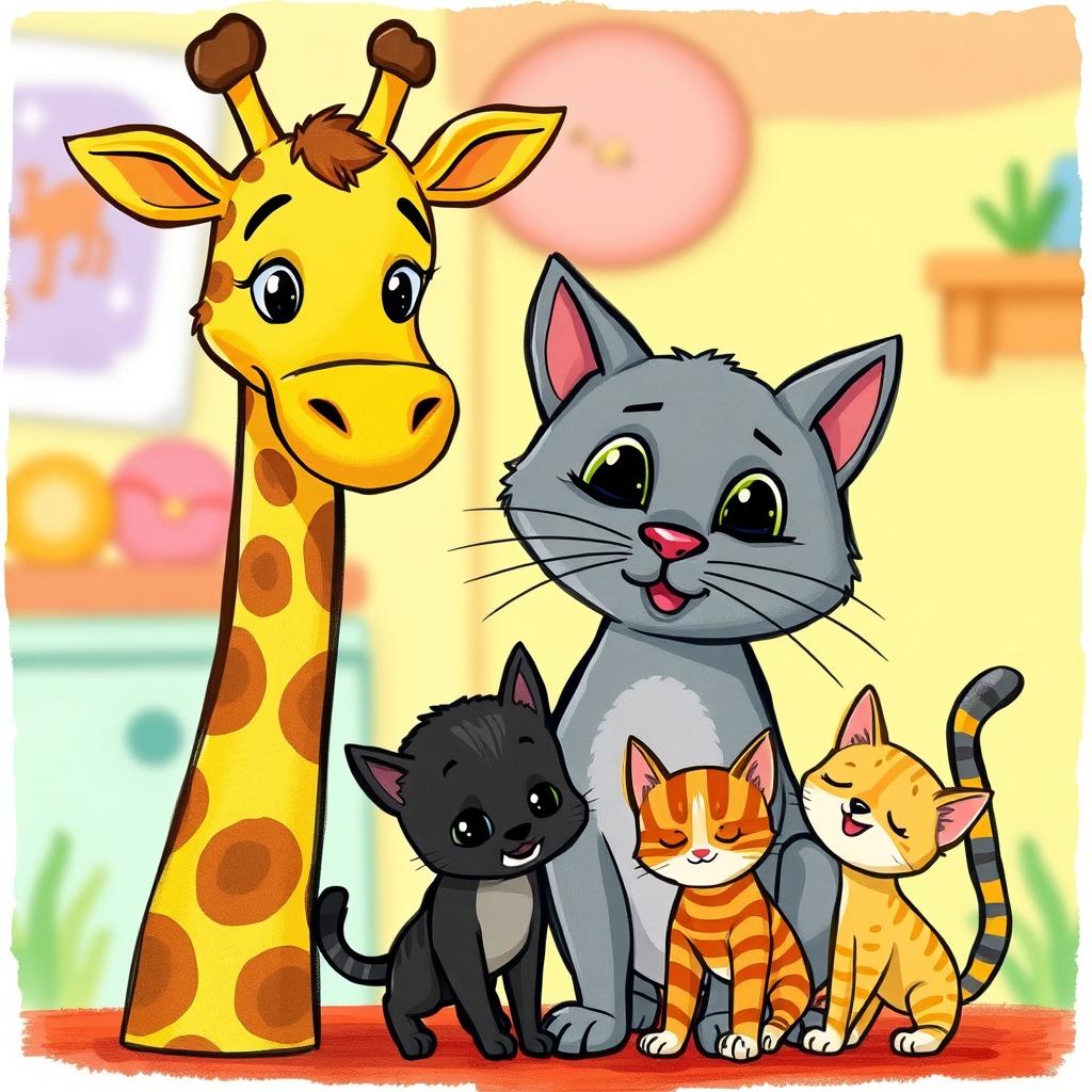 A colorful cartoon drawing depicting a tall, friendly giraffe alongside a nurturing gray mother cat