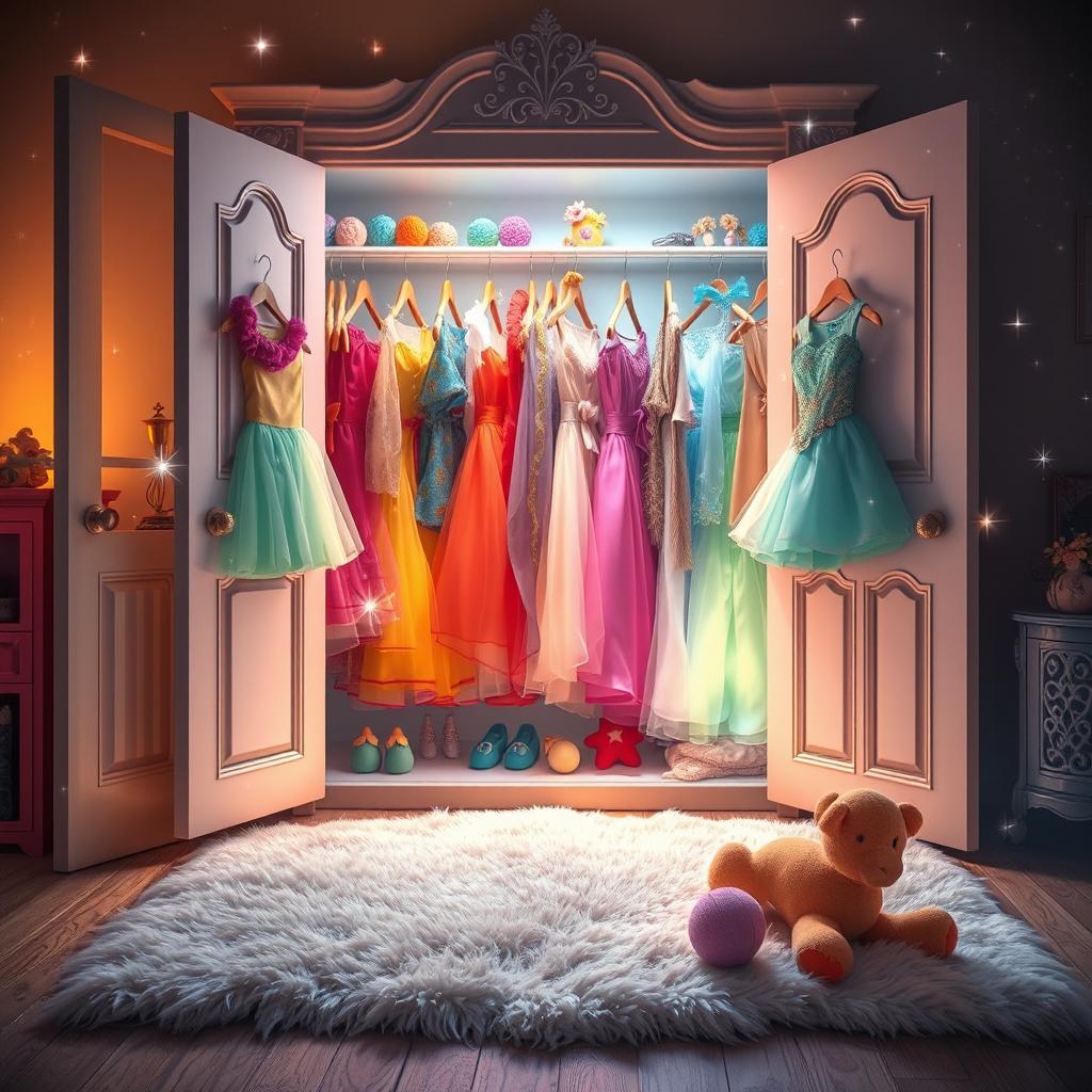 A whimsical scene showing an enchanted closet filled with colorful costumes and magical items, reminiscent of a fairy-tale setting