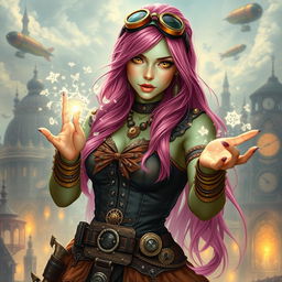 A woman with long, bright pink hair that cascades down her shoulders, possessing striking gold lizard eyes and light green skin